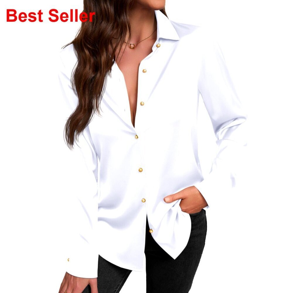Satin V-Neck Button Down Shirt Long Sleeve Blouse Business Office Wear